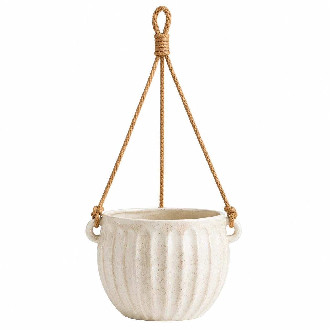 Pot de fleurs suspendu Ø 18 cm en céramique écru avec corde tressée