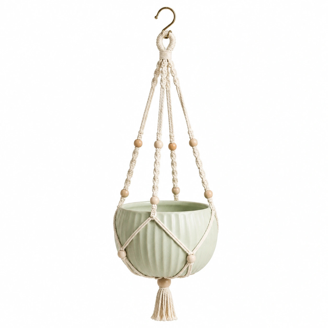 Pot de fleurs suspendu diamètre 18 cm en céramique vert pâle avec suspension macramé