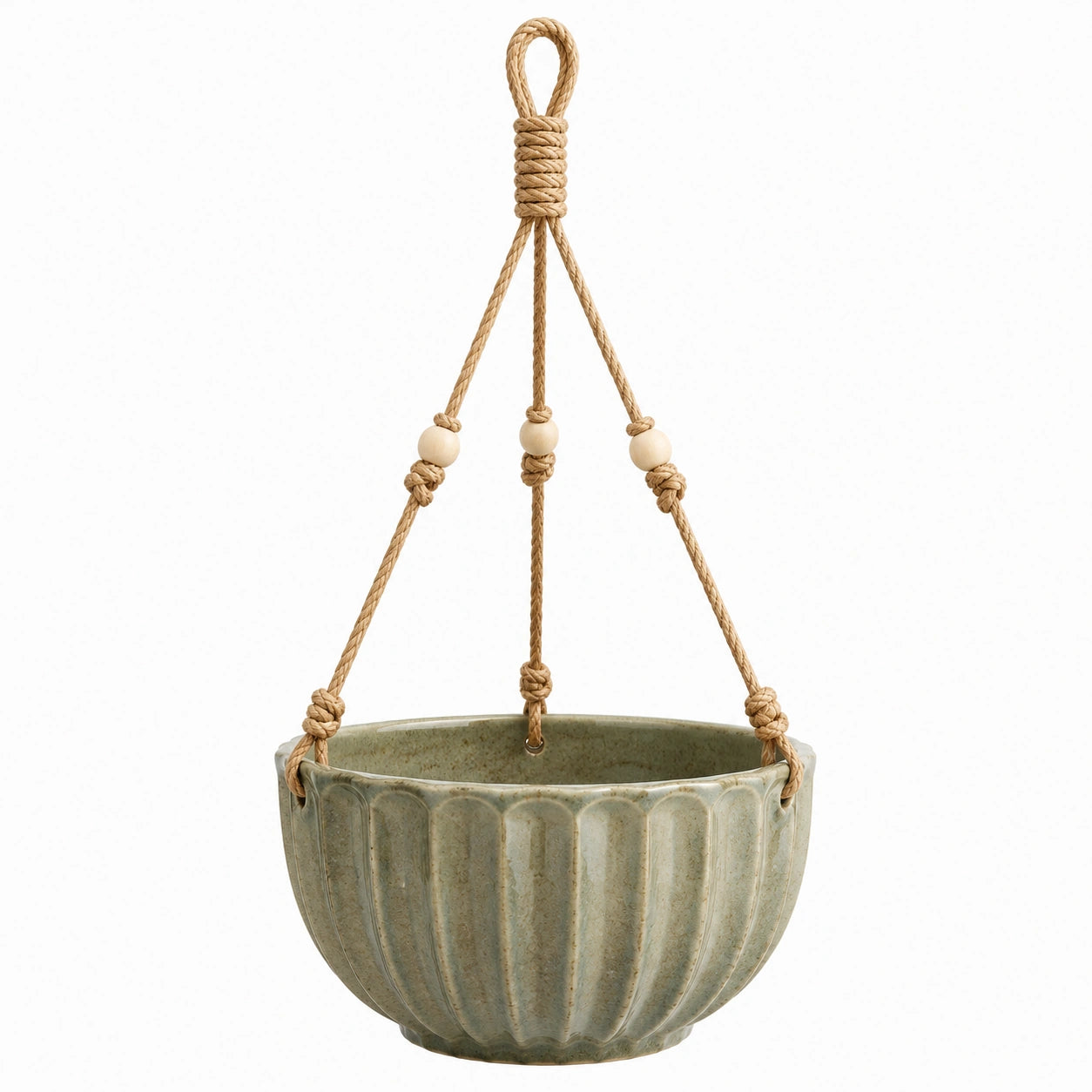 Pot de fleurs suspendu diamètre 18 cm en céramique vert sauge avec corde tressée décorative