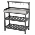 Table de travail de jardin 100 x 55 x 120 cm en métal noir avec plan de travail inox et rangements