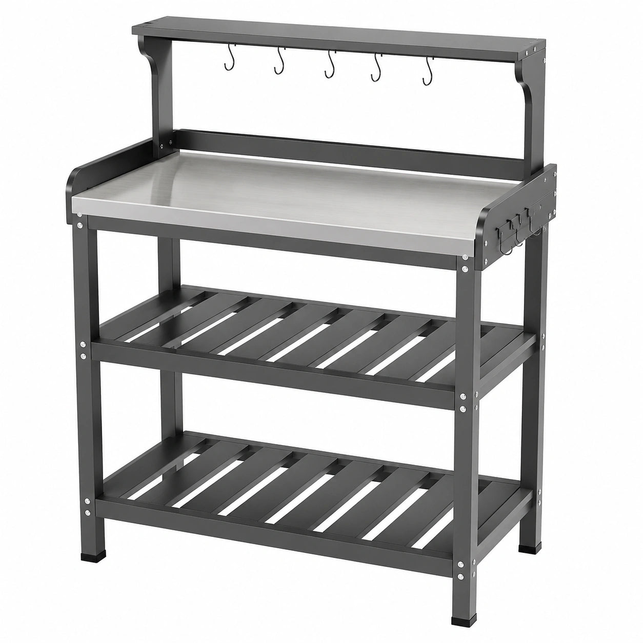 Table de travail de jardin 100 x 55 x 120 cm en métal noir avec plan de travail inox et rangements