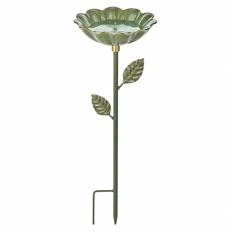 Bain d oiseaux sur piquet 35 cm métal vert style floral pour jardin
