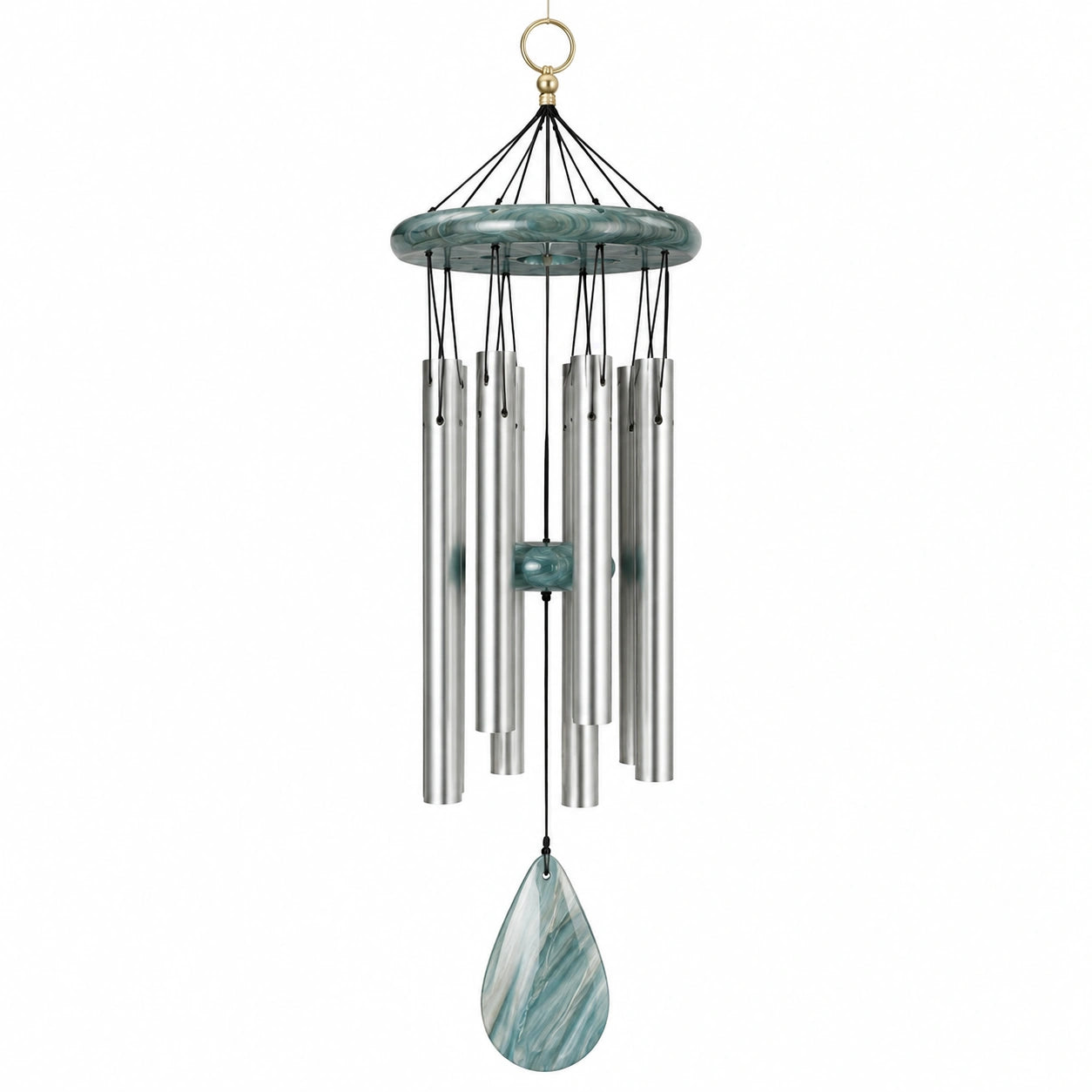 Carillon éolien 80 cm en aluminium argenté et résine vert bleu à suspendre