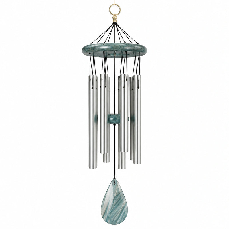 Carillon éolien 80 cm en aluminium argenté et résine vert bleu à suspendre