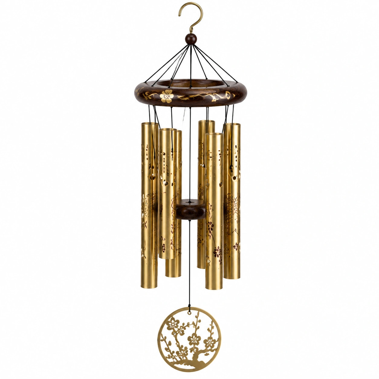 Carillon à vent 80 cm en métal doré et bois brun à motif floral décoratif
