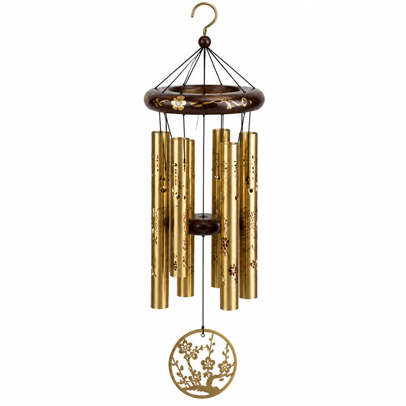 Carillon à vent 80 cm en métal doré et bois brun à motif floral décoratif