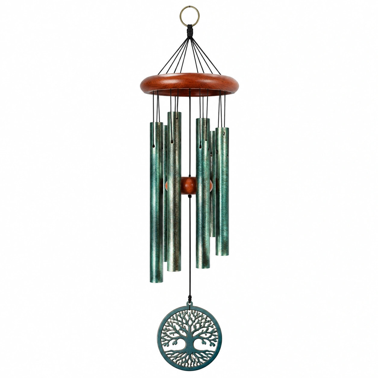 Carillon éolien suspendu 85 cm en métal et bois vert marron avec tubes sonores décoratifs