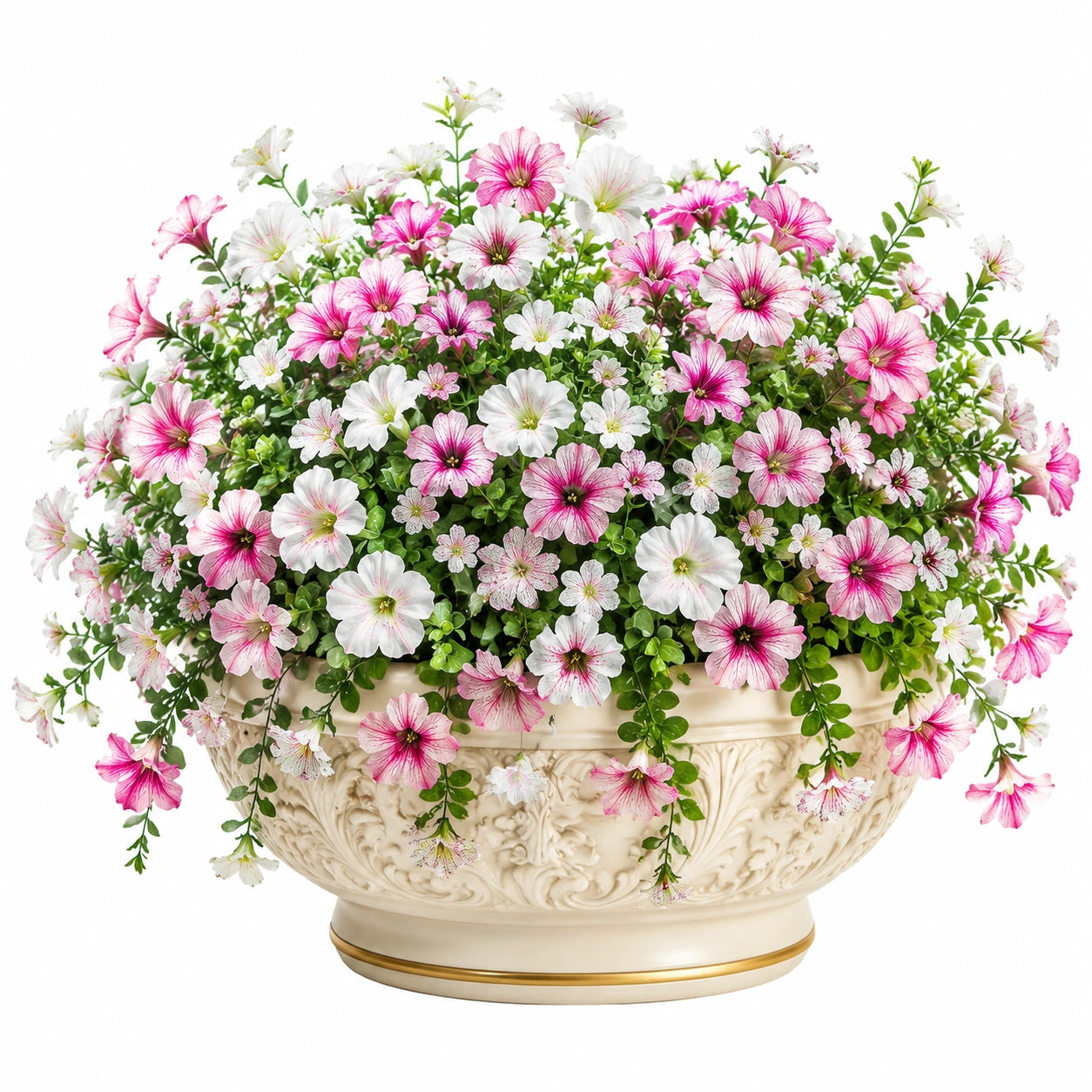 Plante artificielle en pot 55 cm fleurs roses blanches feuillage retombant décorative