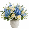 Composition florale artificielle 65 cm bleu blanc en polyester avec vase décoratif intérieur