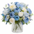 Composition florale artificielle 45 cm en polyester bleu blanc avec vase en verre décoratif