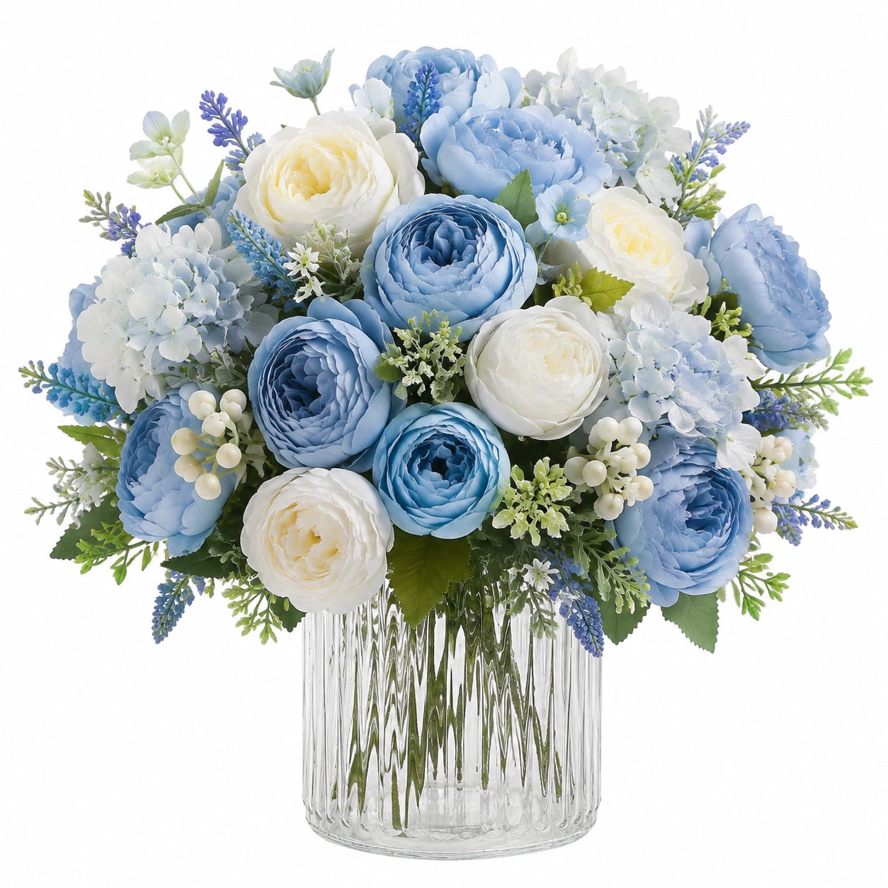 Composition florale artificielle 45 cm en polyester bleu blanc avec vase en verre décoratif