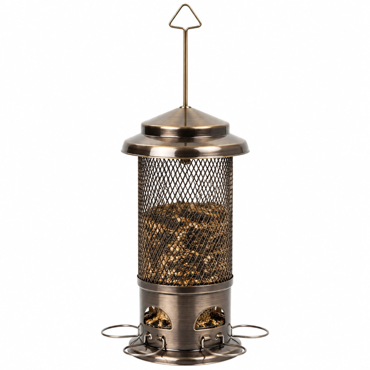 Mangeoire à oiseaux suspendue diamètre 18 cm métal bronze avec grille pour graines