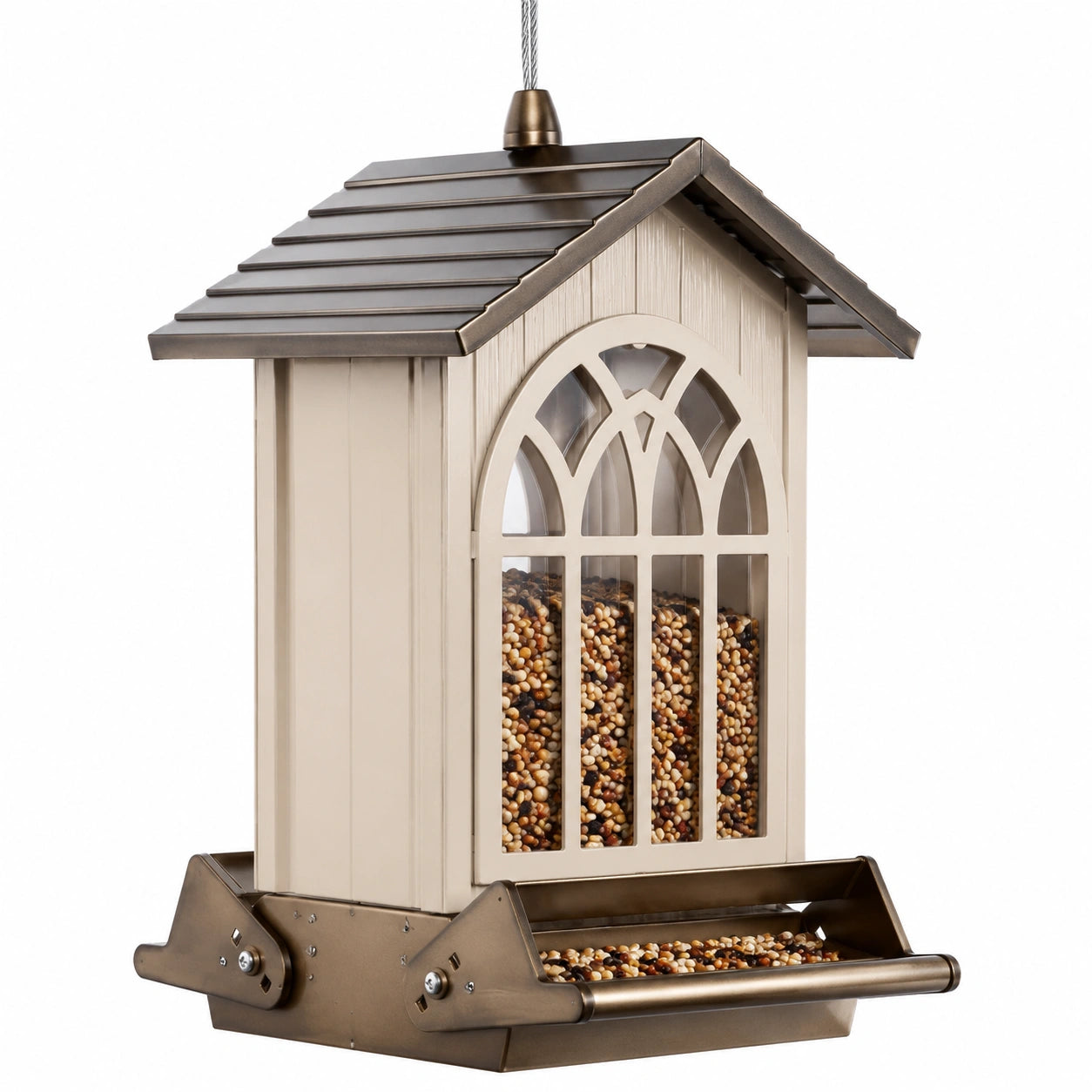 Mangeoire à oiseaux suspendue 30 x 25 x 45 cm en métal beige et brun style chalet