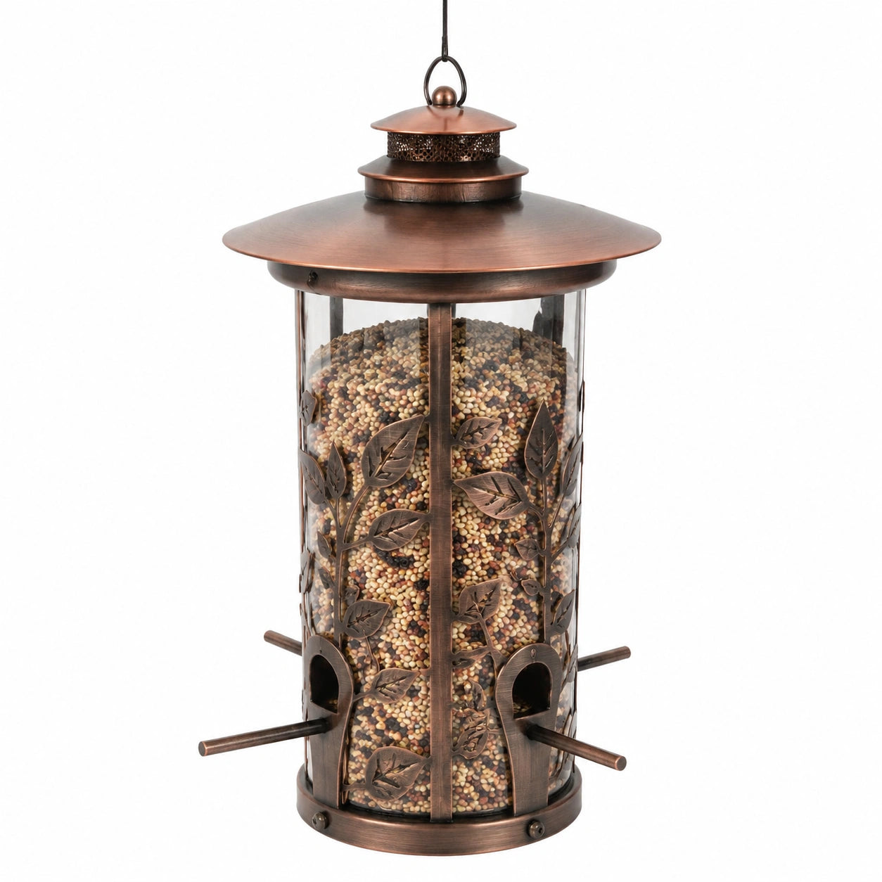 Mangeoire à oiseaux suspendue Ø20 cm x H35 cm en métal brun style rustique
