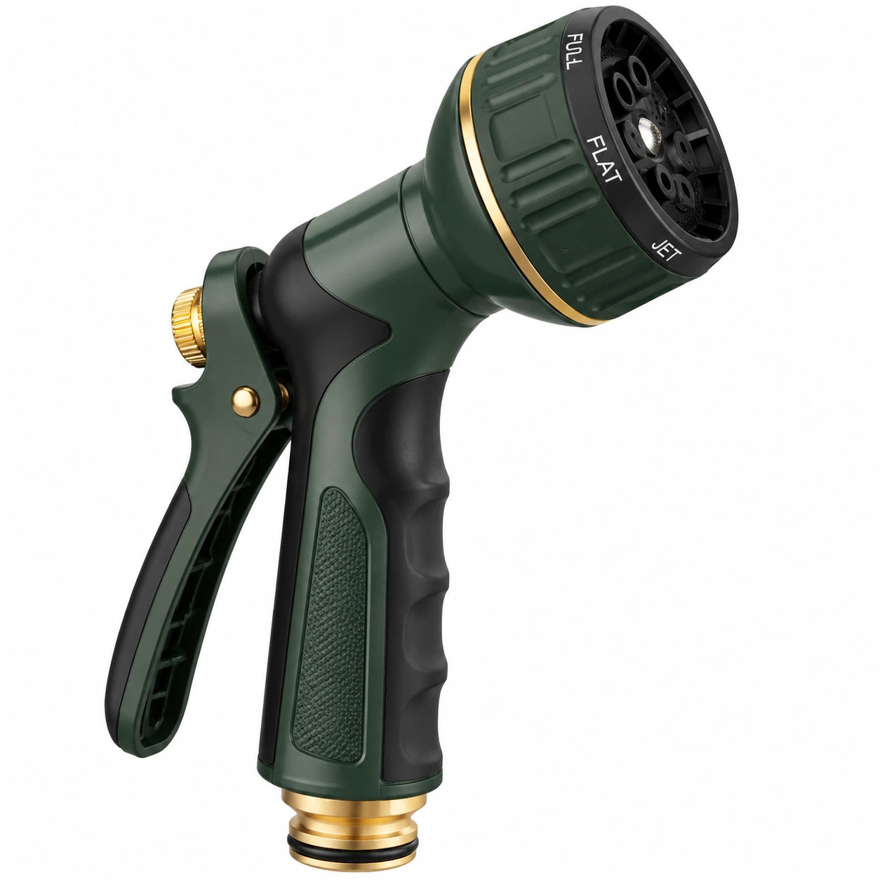 Pistolet d'arrosage format compact en plastique vert avec raccord métallique à jet réglable