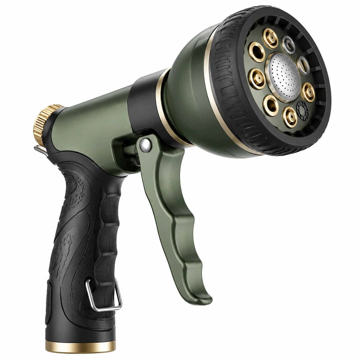 Pistolet d'arrosage multijets vert noir en plastique avec poignée ergonomique